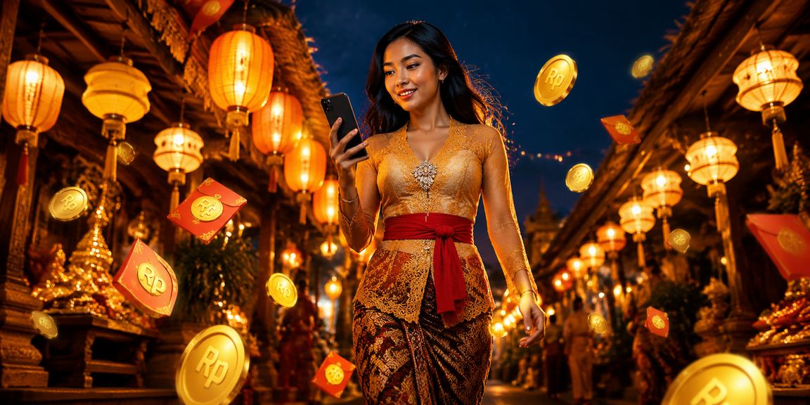 Suasana malam pasar malam dengan amplop merah, nuansa bonus festival