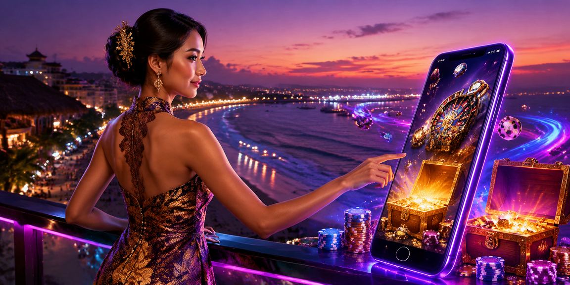 Pemain mengakses casino mobile di pantai dengan suasana santai