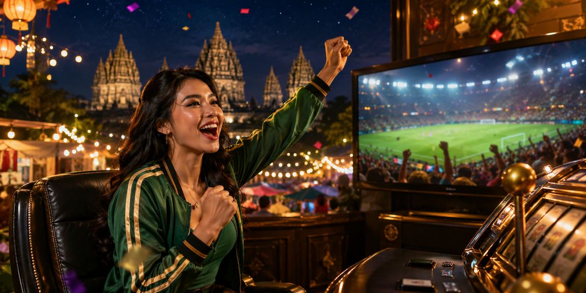 Suasana bermain slot jackpot di pasar malam dengan lampu warna-warni